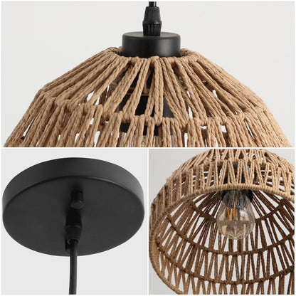 Campana 10.25" 1-Light Bohemian Modern Woven Rope/Iron LED Pendant, Brown/Black