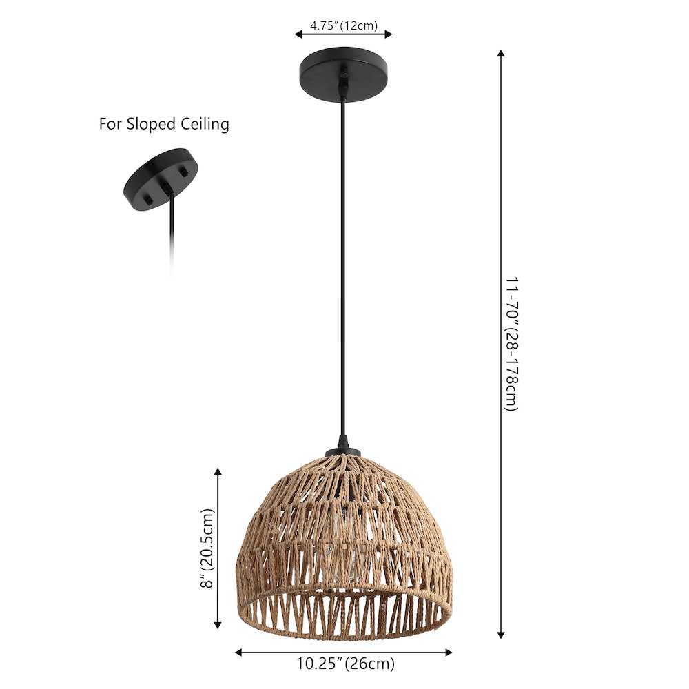 Campana 10.25" 1-Light Bohemian Modern Woven Rope/Iron LED Pendant, Brown/Black