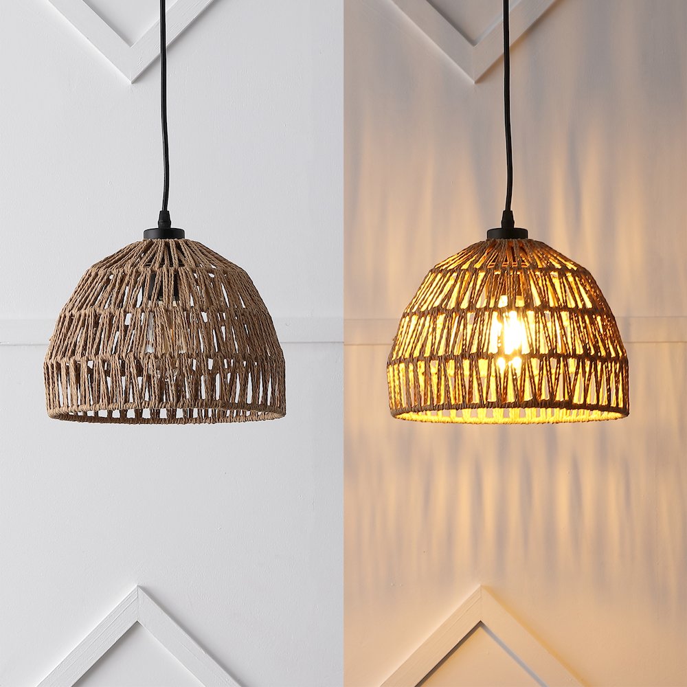 Campana 10.25" 1-Light Bohemian Modern Woven Rope/Iron LED Pendant, Brown/Black