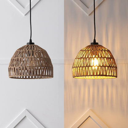 Campana 10.25" 1-Light Bohemian Modern Woven Rope/Iron LED Pendant, Brown/Black