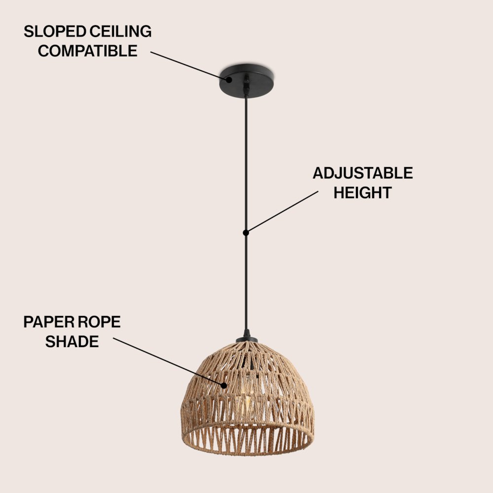 Campana 10.25" 1-Light Bohemian Modern Woven Rope/Iron LED Pendant, Brown/Black