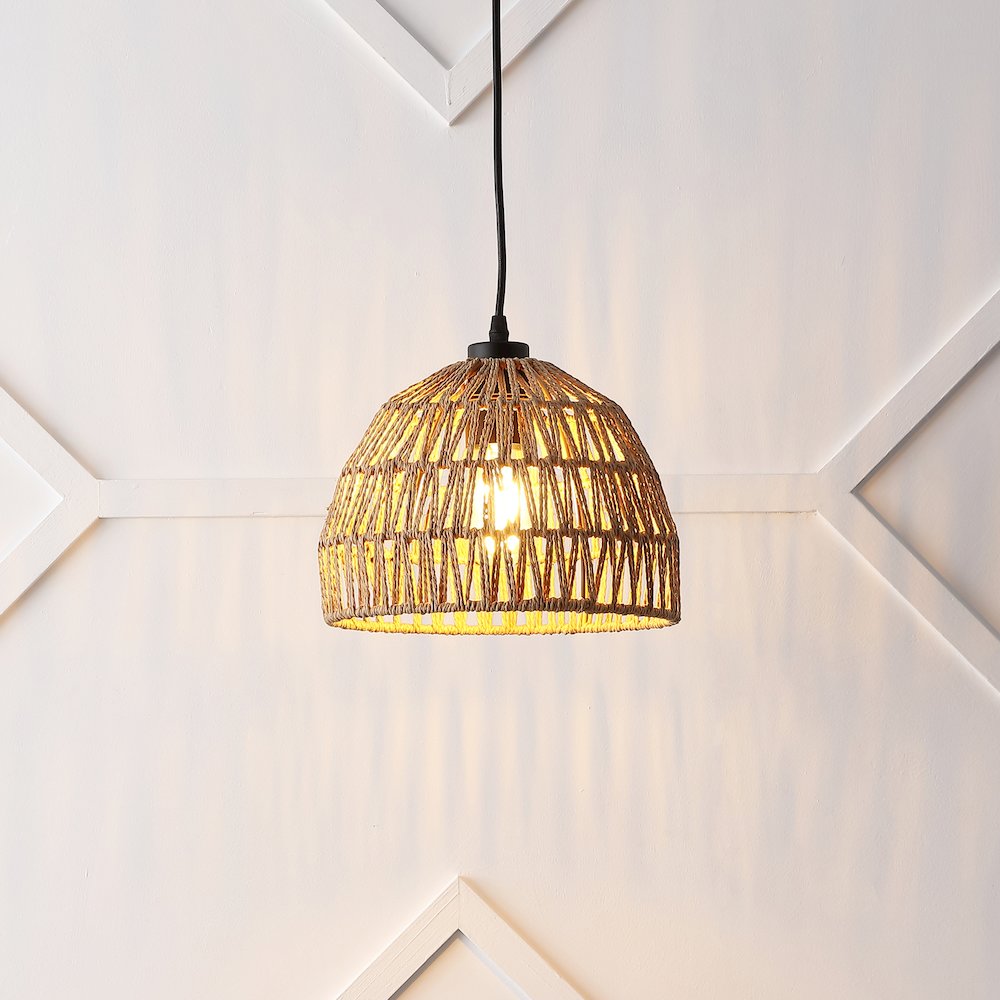 Campana 10.25" 1-Light Bohemian Modern Woven Rope/Iron LED Pendant, Brown/Black