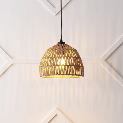 Campana 10.25" 1-Light Bohemian Modern Woven Rope/Iron LED Pendant, Brown/Black