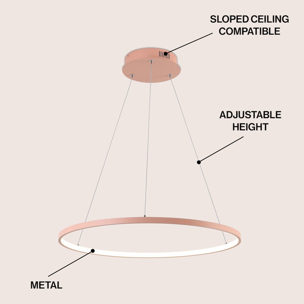 Brice 23.75" Modern Metal Round Dimmable Integrated LED Pendant, Matte Pink