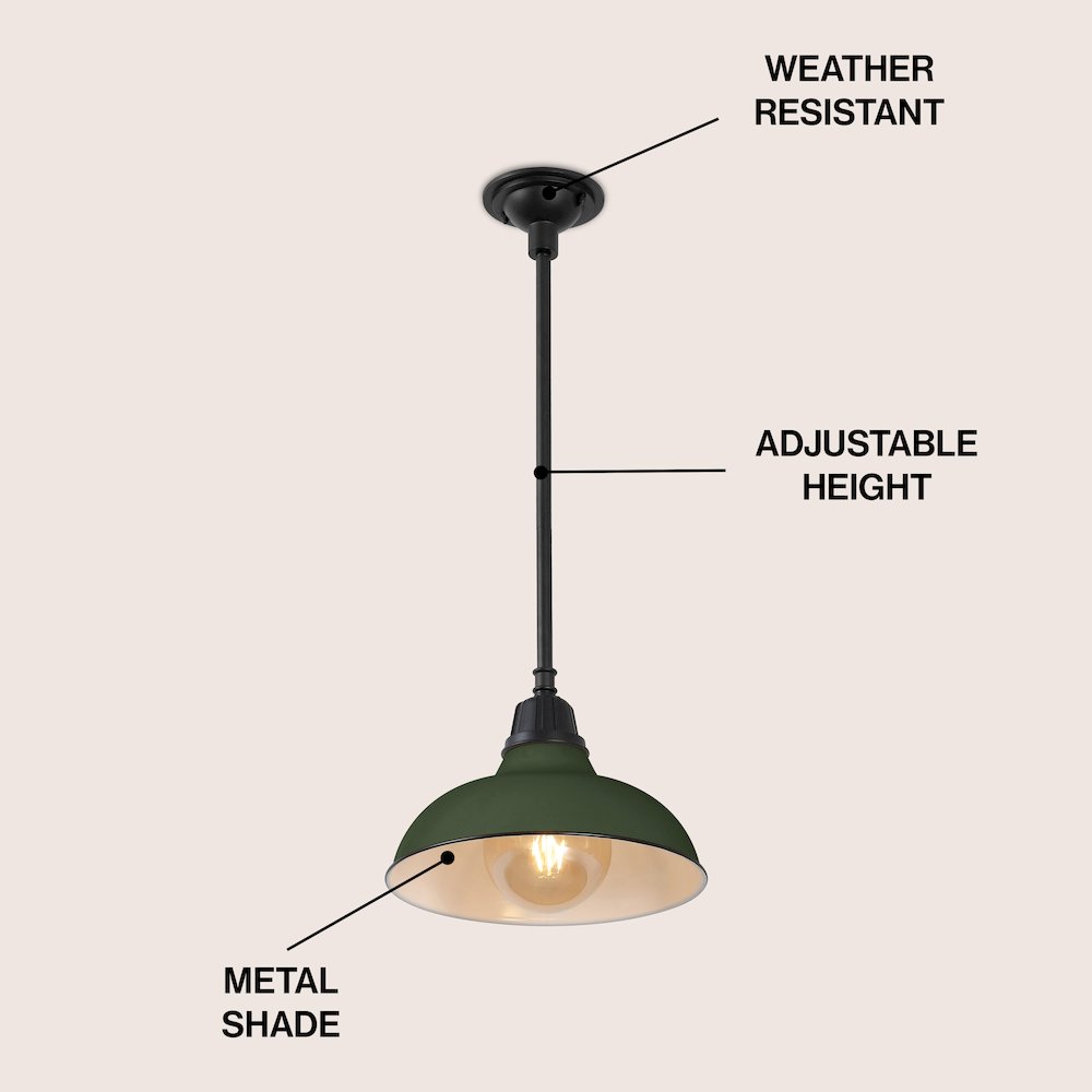 12.25" 1-Light Industrial Indoor/Outdoor Iron LED Pendant, Matte Olive Green