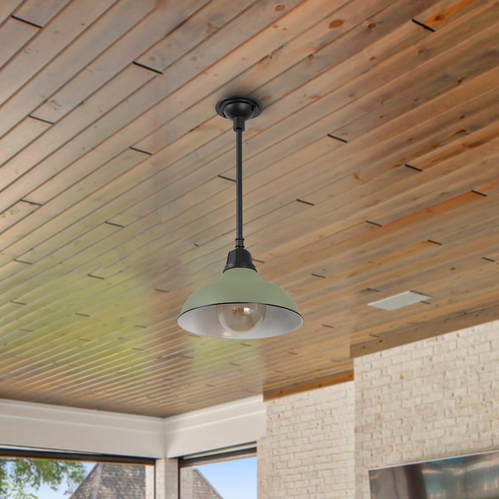 12.25" 1-Light Industrial Indoor/Outdoor Iron LED Pendant, Matte Olive Green