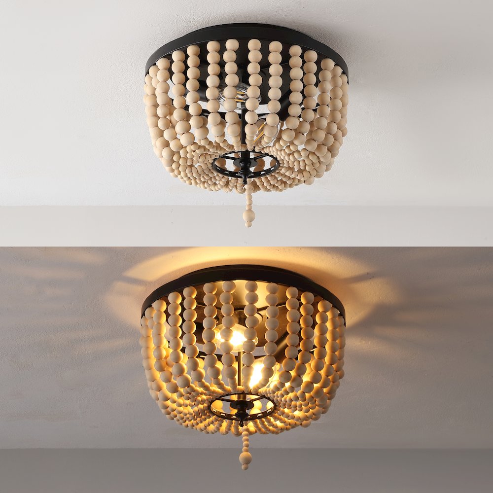 Allison 2-Light Shabby Chic Farmhouse Wood Beaded/Metal Led Flush Mount