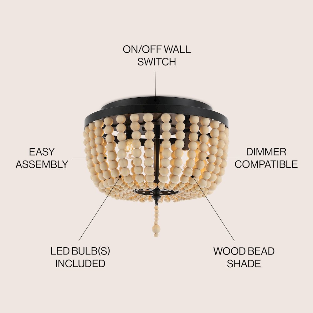 Allison 2-Light Shabby Chic Farmhouse Wood Beaded/Metal Led Flush Mount
