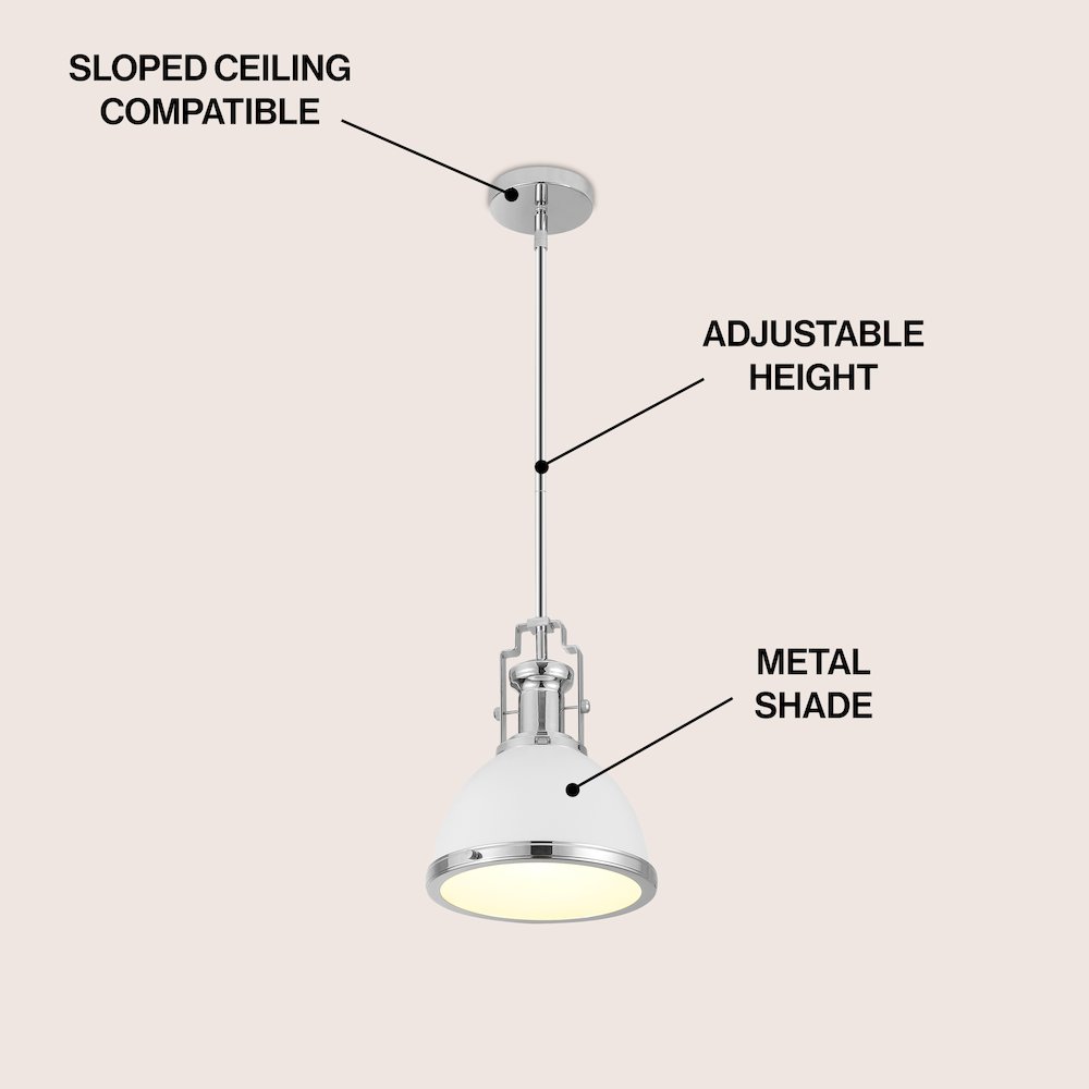 Homer 10" 1-Light Modern Industrial Iron LED Dome Pendant, White/Chrome