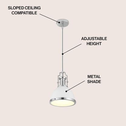 Homer 10" 1-Light Modern Industrial Iron LED Dome Pendant, White/Chrome