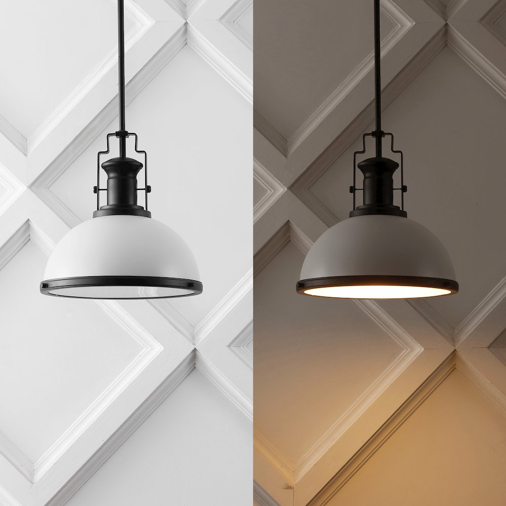 Homer 13" 1-Light Modern Industrial Iron LED Dome Pendant, White/Matte Black
