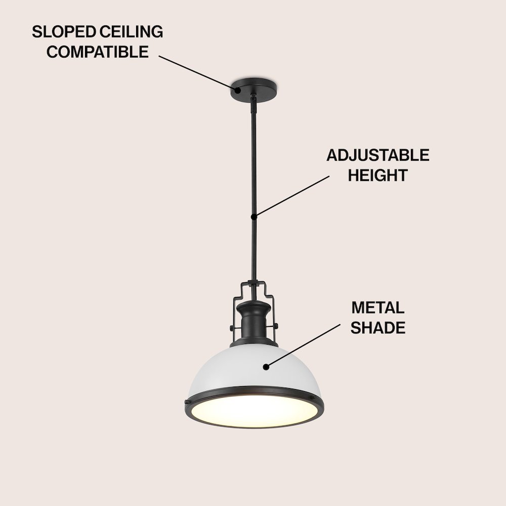 Homer 13" 1-Light Modern Industrial Iron LED Dome Pendant, White/Matte Black