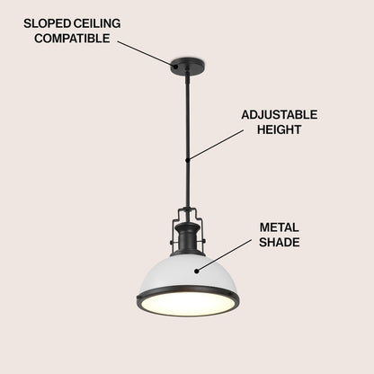 Homer 13" 1-Light Modern Industrial Iron LED Dome Pendant, White/Matte Black