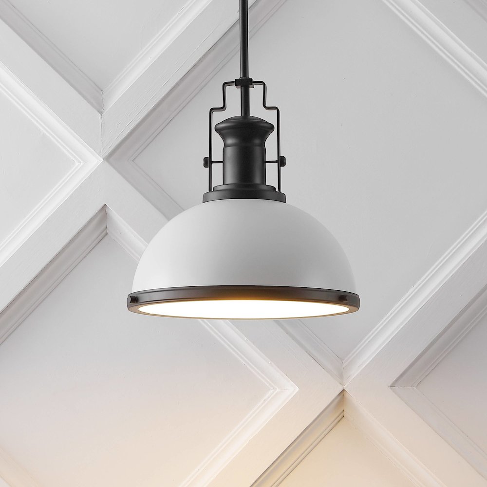 Homer 13" 1-Light Modern Industrial Iron LED Dome Pendant, White/Matte Black