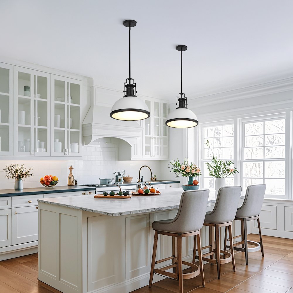 Homer 13" 1-Light Modern Industrial Iron LED Dome Pendant, White/Matte Black