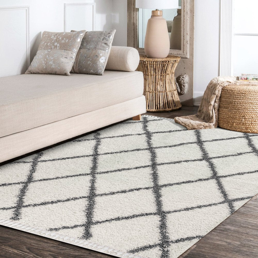 Gabrielle Mercer Shag Plush Tassel Moroccan Geometric Trellis Area Rug