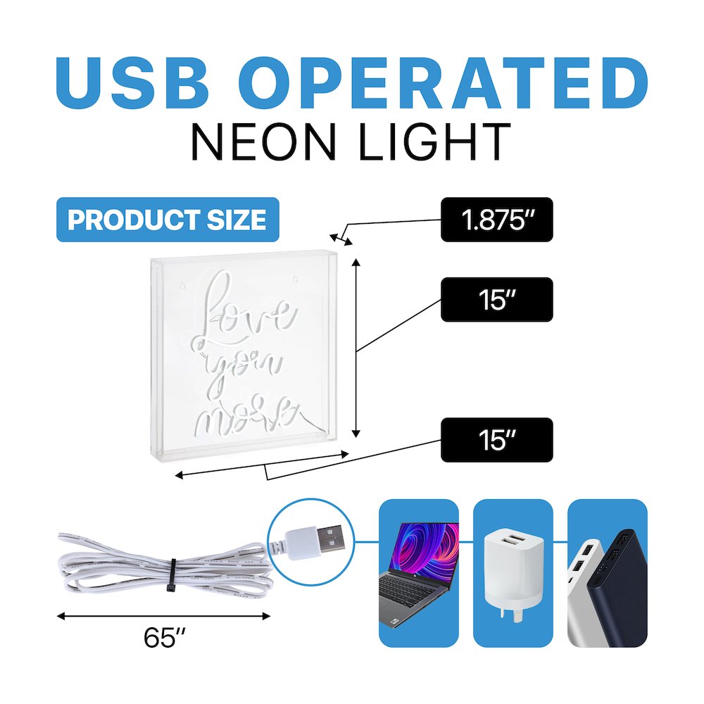 Love You More Square Contemporary Glam Acrylic Box Usb Operated Led Neon Light