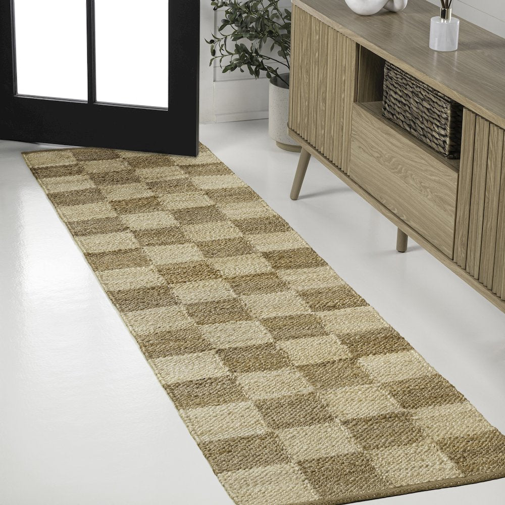 Theo Farmhouse Woven Jute Checkerboard Natural/Bleach 2 ft. x 10 ft. Runner Rug