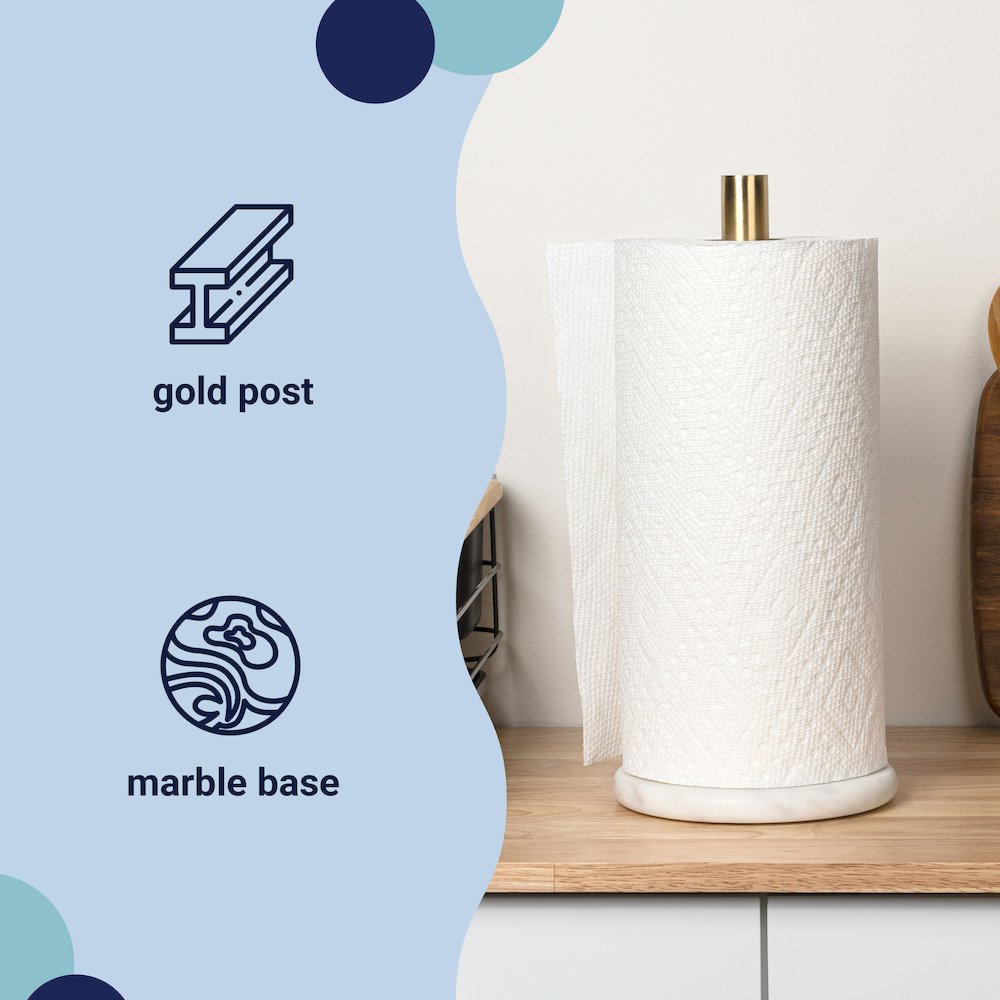Avery Metal with Non Slip Weighted Marble Base Paper Towel Holder, White/Gold