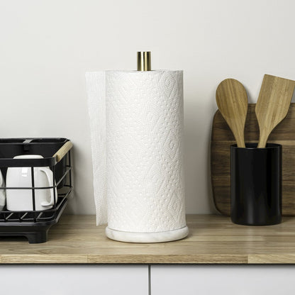 Avery Metal with Non Slip Weighted Marble Base Paper Towel Holder, White/Gold