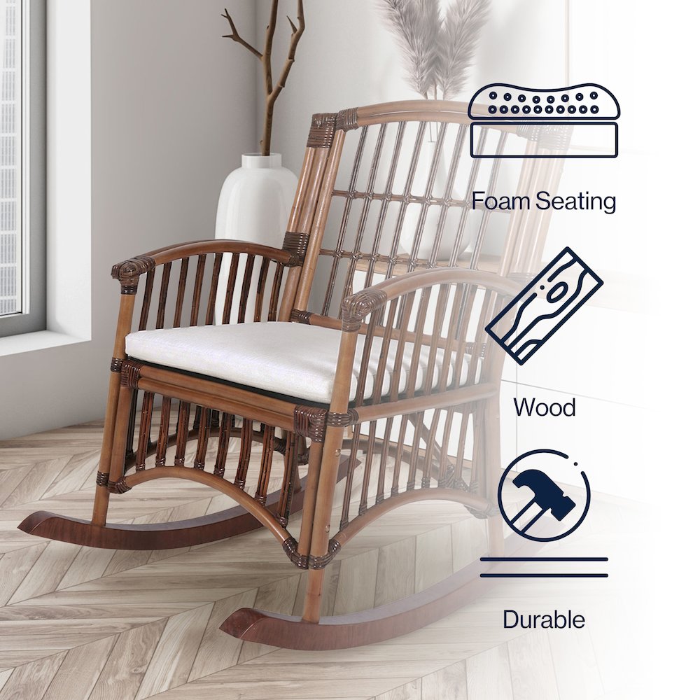 Nelafo 39"H Brown Mango Wood & Rattan Indoor Rocking Chair w/ Cushion