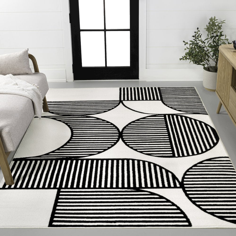 Nordby High-Low Geometric Arch Scandi Striped Black/White 2 ft. x 8 ft. Area Rug
