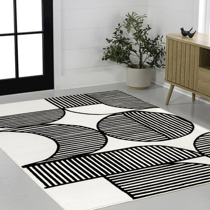 Nordby High-Low Geometric Arch Scandi Striped Black/White 2 ft. x 8 ft. Area Rug