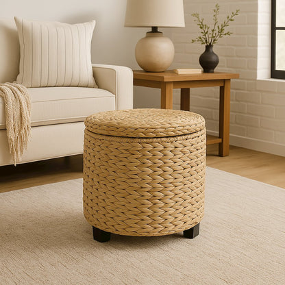 Handwoven Water Hyacinth Storage Ottoman with Lid, Natural