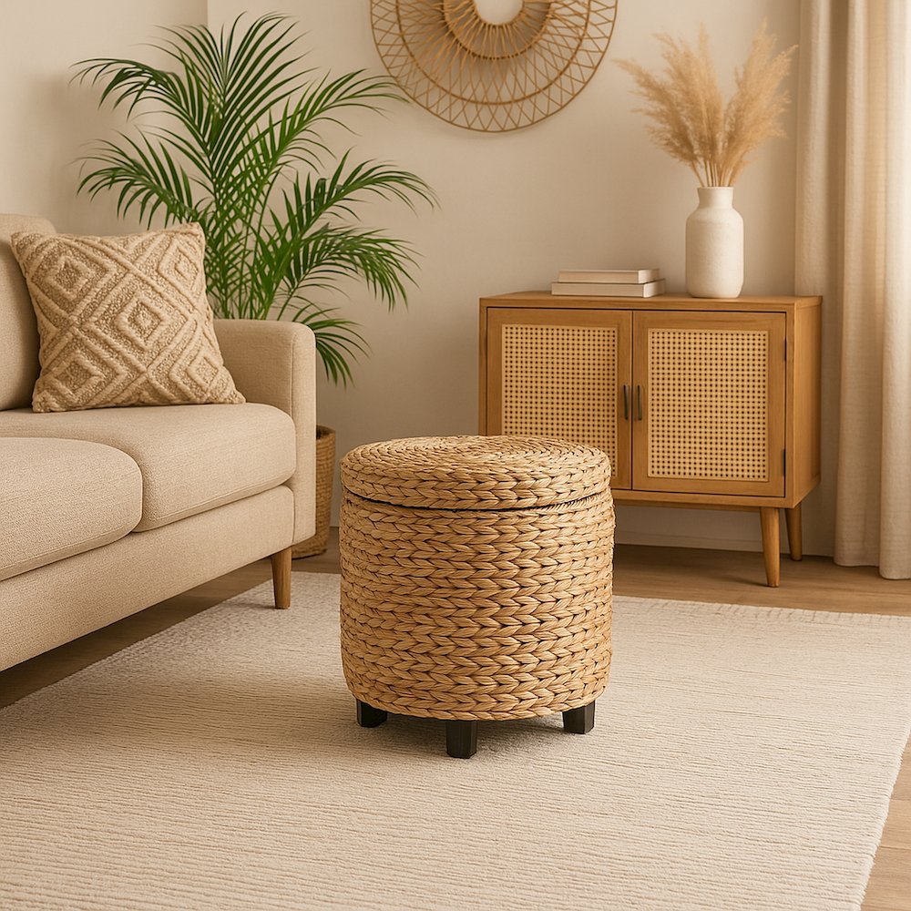 Handwoven Water Hyacinth Storage Ottoman with Lid, Natural