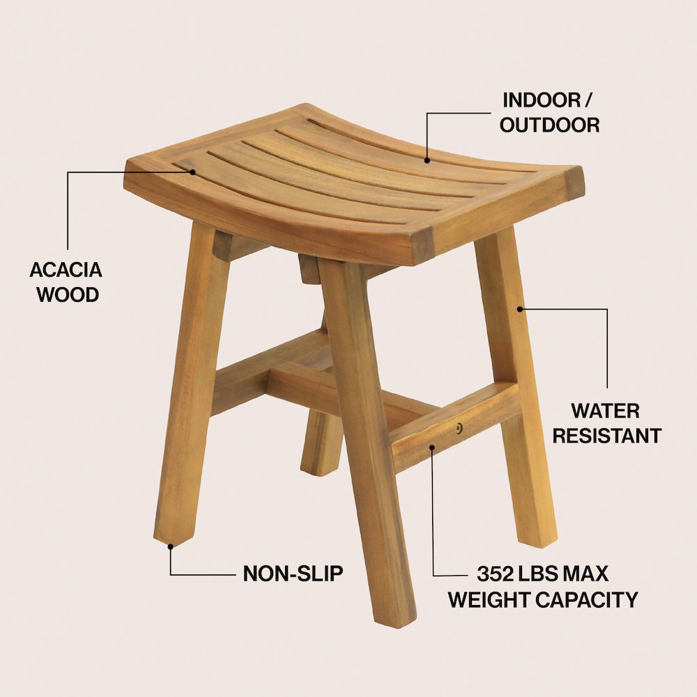 Hilice Natural Acacia Wood Slatted Shower Stool, Indoor/Outdoor Spa Bench