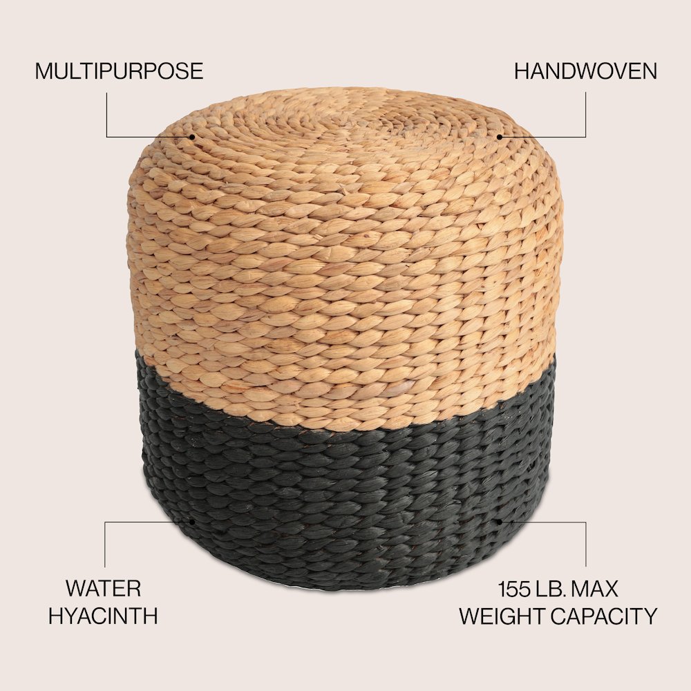 Aimee 15.7" Modern Minimalist Two-Tone Hand-Woven Hyacinth Stool, Natural/Black