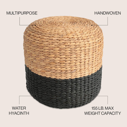 Aimee 15.7" Modern Minimalist Two-Tone Hand-Woven Hyacinth Stool, Natural/Black