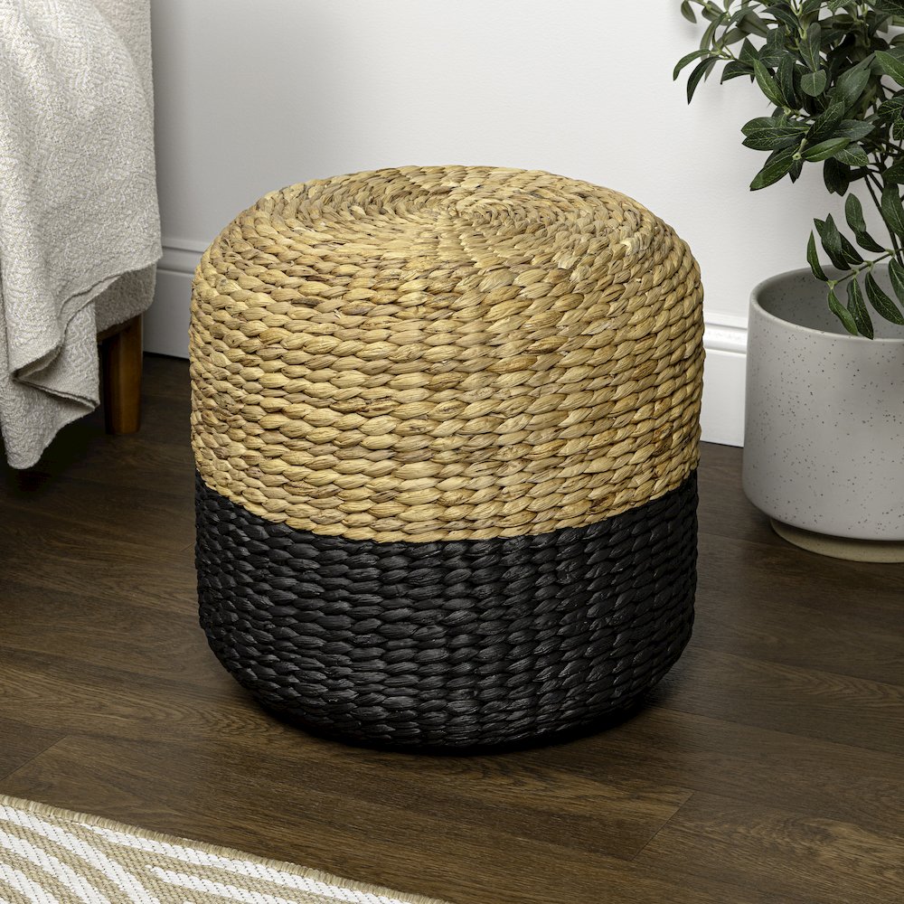 Aimee 15.7" Modern Minimalist Two-Tone Hand-Woven Hyacinth Stool, Natural/Black