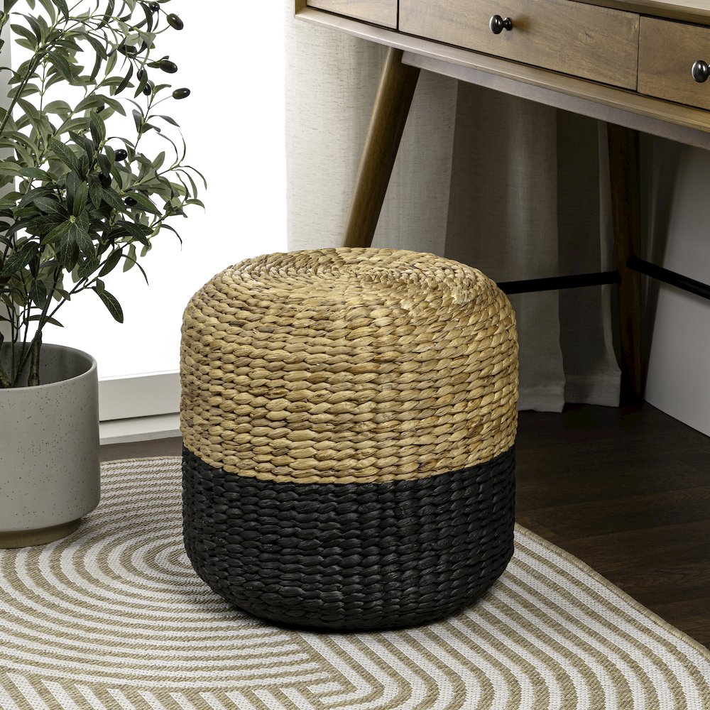 Aimee 15.7" Modern Minimalist Two-Tone Hand-Woven Hyacinth Stool, Natural/Black