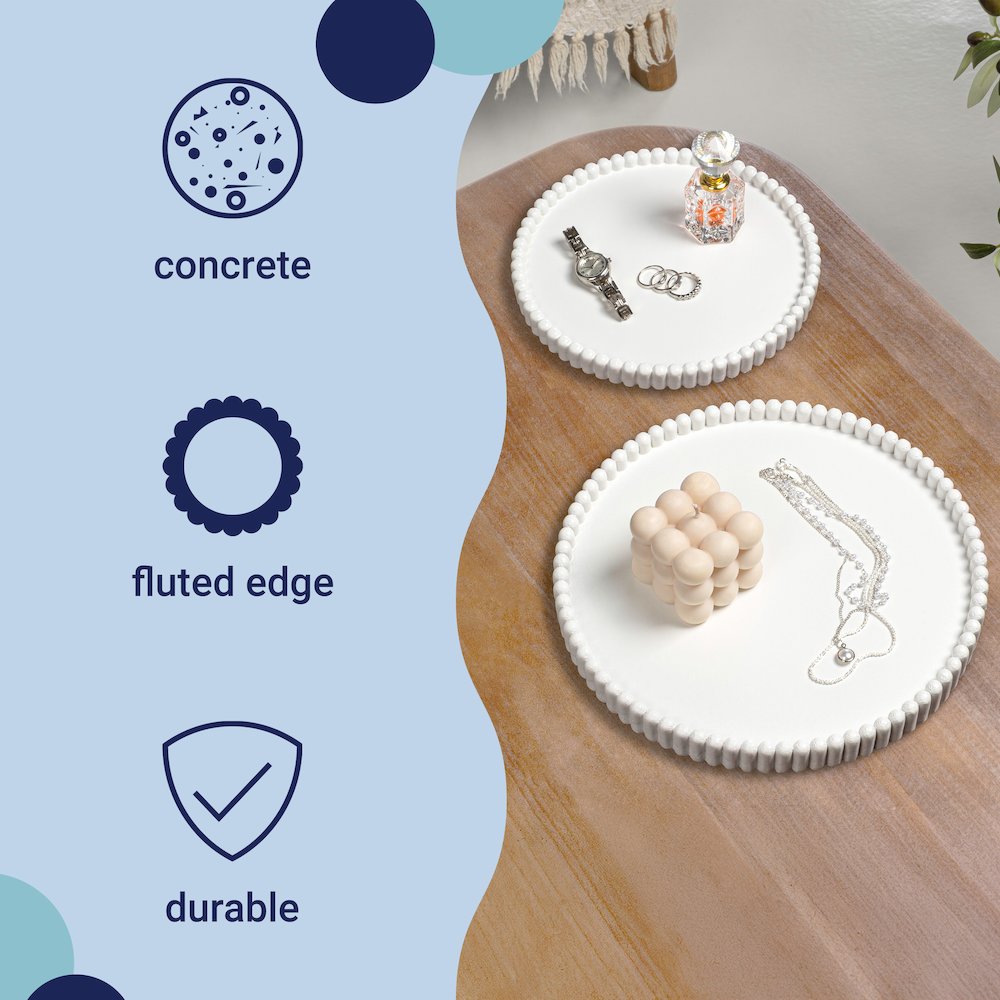 Minimalist Concrete Fluted Edge Decorative Jewelry Trays, White (Set of 2)