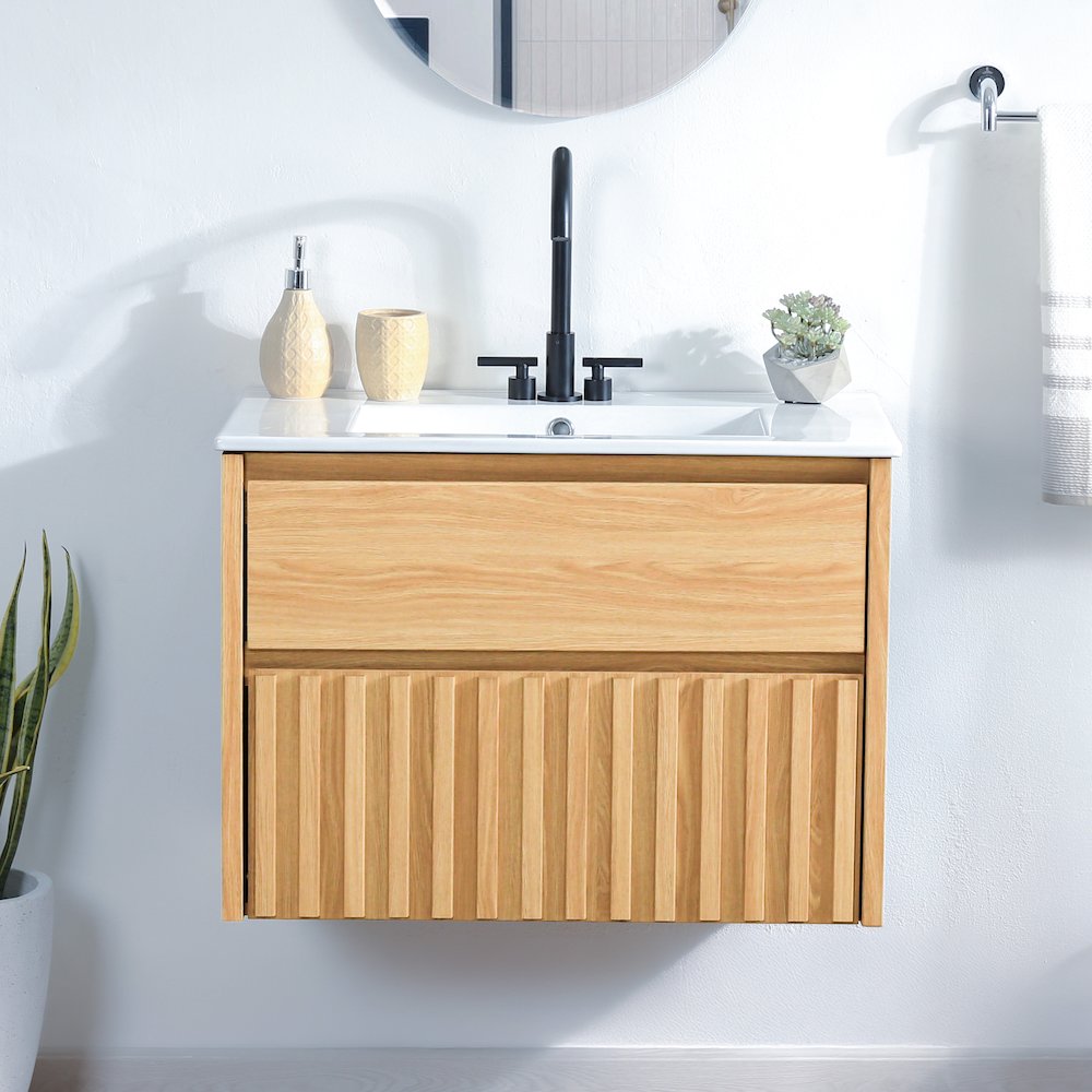 2-Drawer Wall Mounted Bath Vanity Cabinet Only (Sink Basin Not Included), Oak