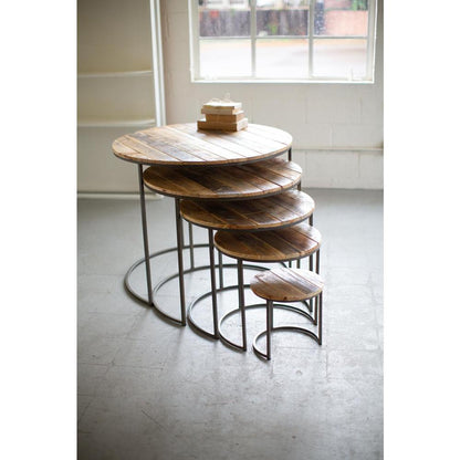 Set Of Five Recycled Wood And Iron Round Display Tables