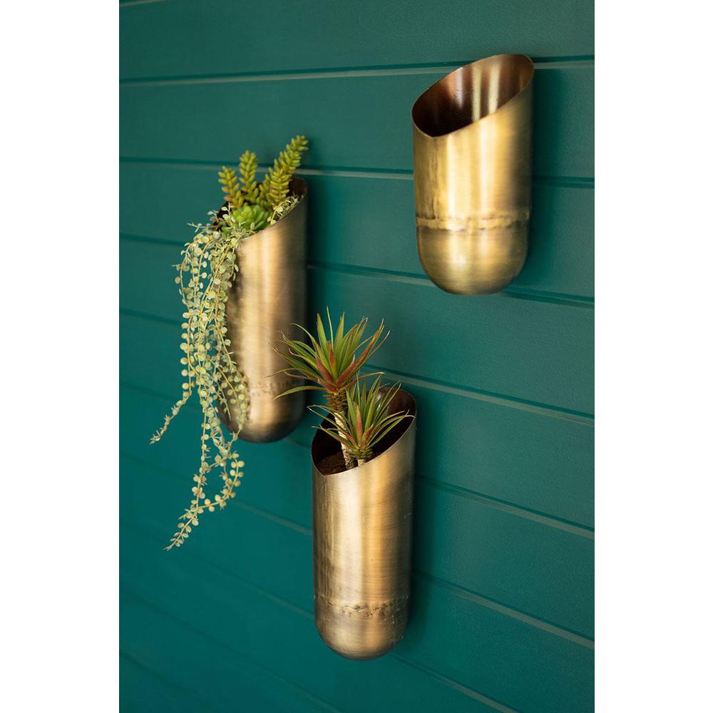 Set Of Three Antique Brass Wall Vases