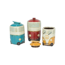Set Of Three Ceramic Van Canisters With Surfboard Handles