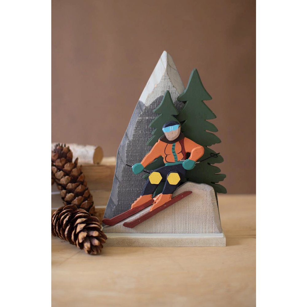 Painted Wood Snow Skiing Scene