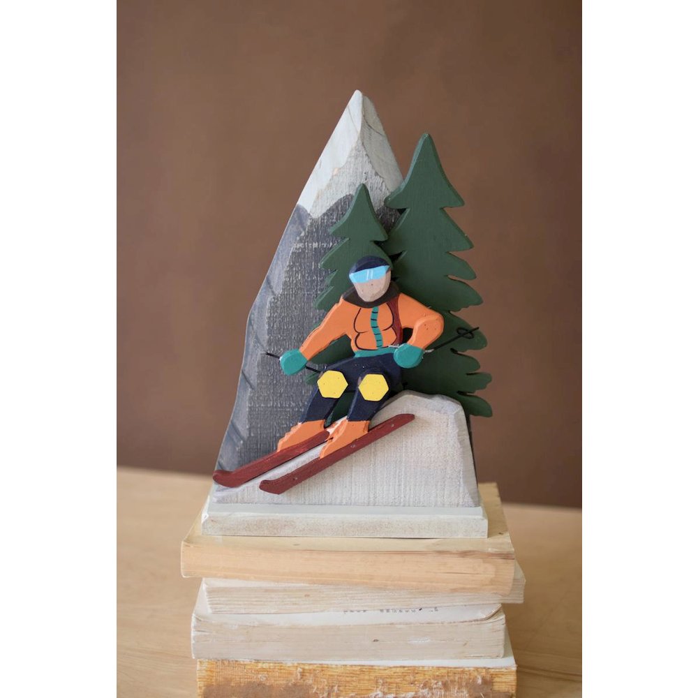 Painted Wood Snow Skiing Scene