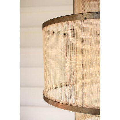 Round Double Layered Woven Fiber And Metal Pendant Light