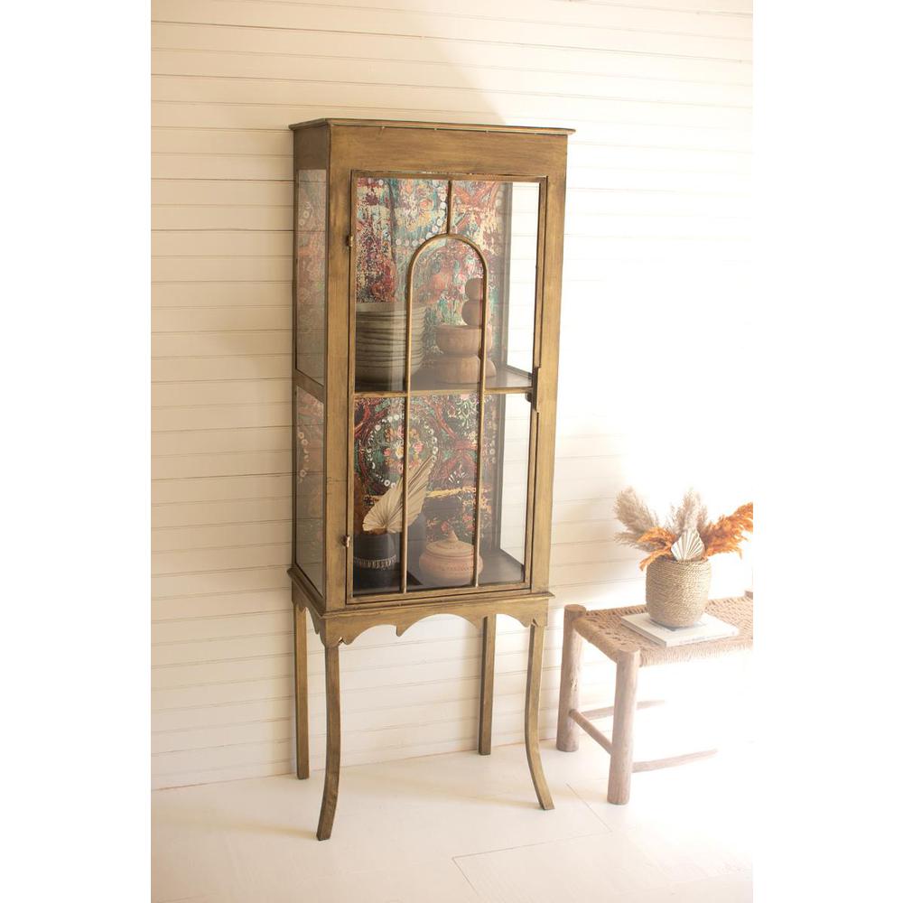 Gold Metal And Glass Cabinet With Colorful Print Back
