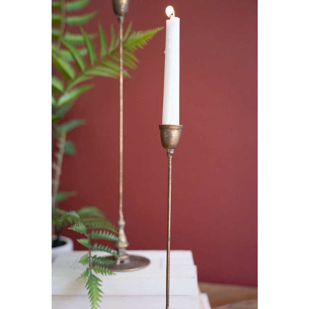 Set Of Two Tall Antique Brass Taper Candle Holders