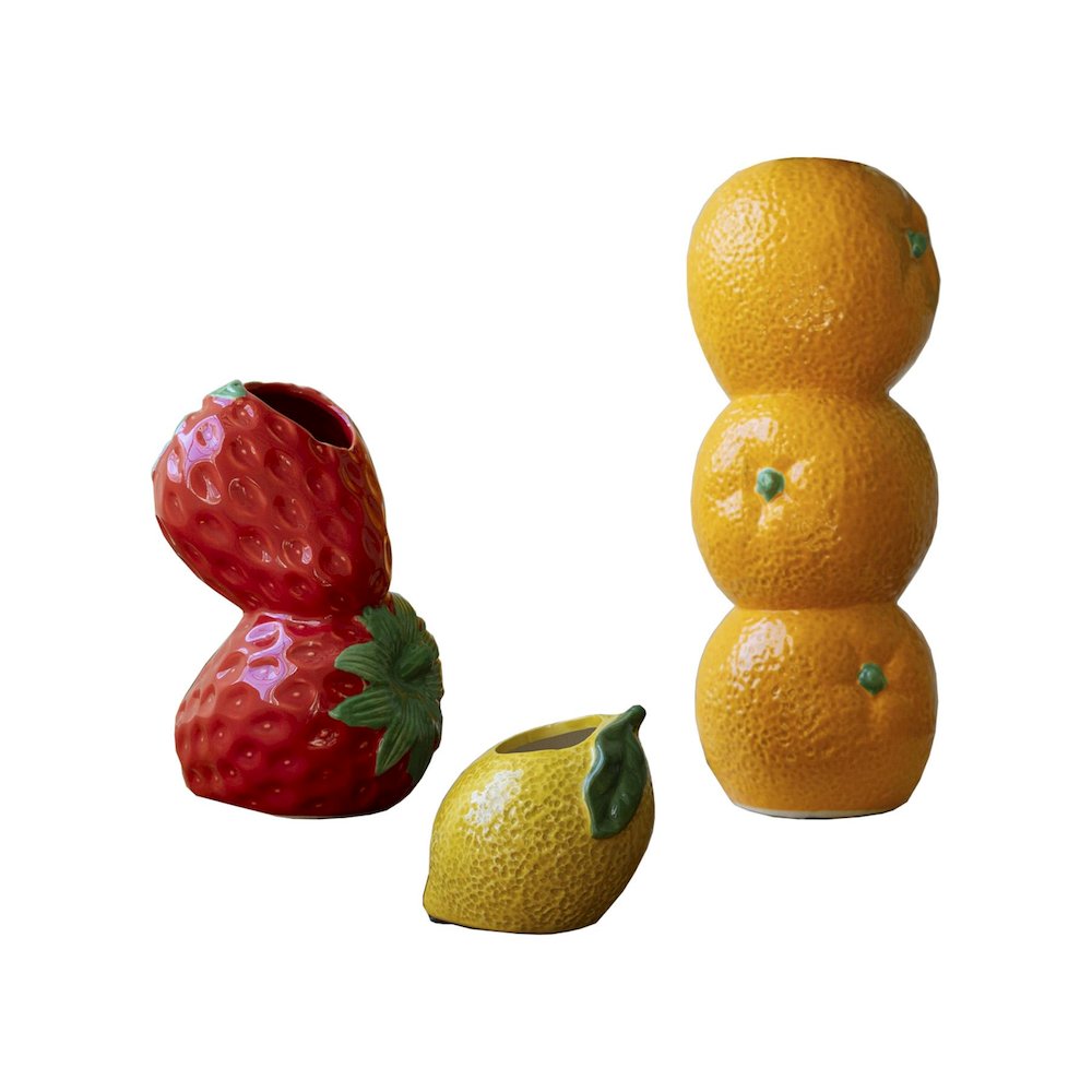 Set Of Three Ceramic Bud Vases - Orange, Strwberry And Lemon