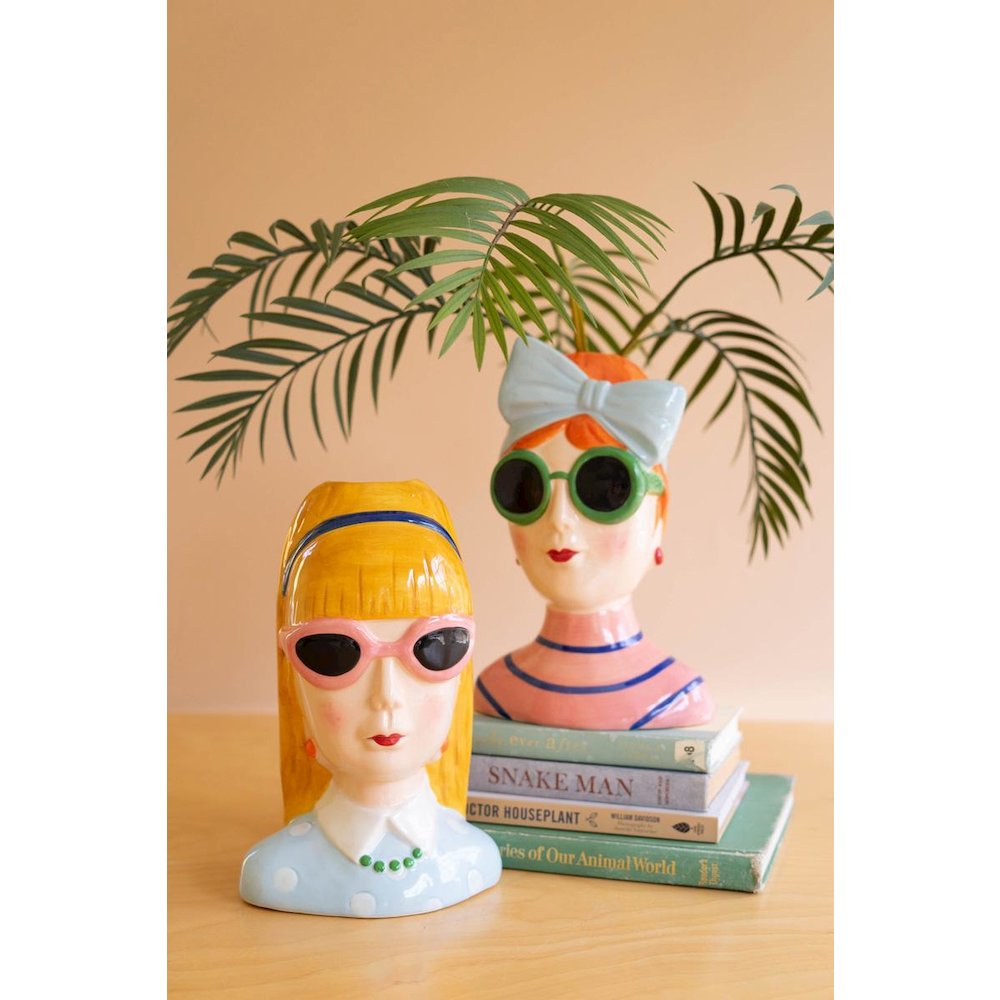 Set Of Two Ceramic Girls With Sunglasses Vases