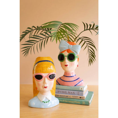 Set Of Two Ceramic Girls With Sunglasses Vases