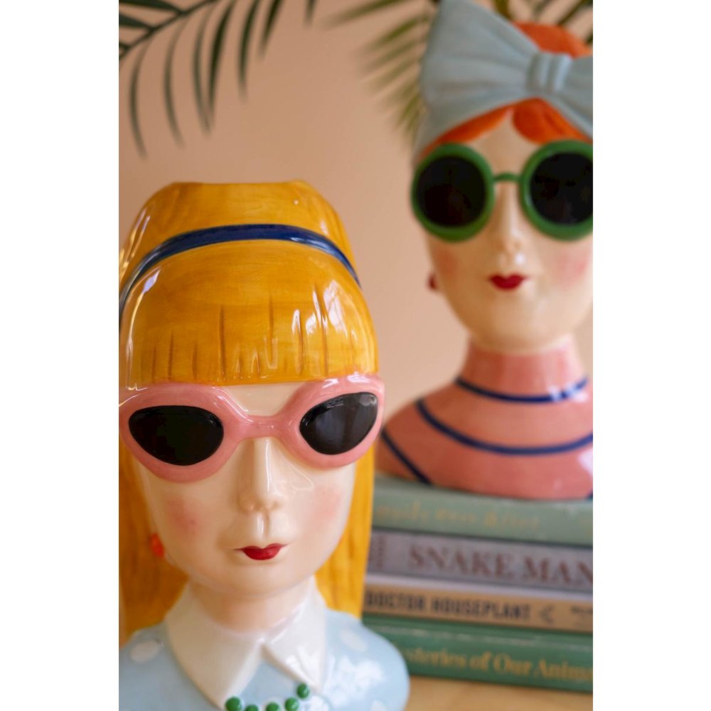 Set Of Two Ceramic Girls With Sunglasses Vases