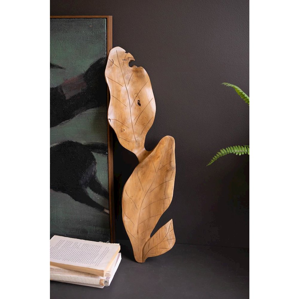 Hand-Carved Teakwood Tabletop Leaves Sculpture