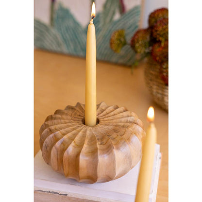 Set Of Two Carved Teakwood Pumpkins Taper Candle Holders